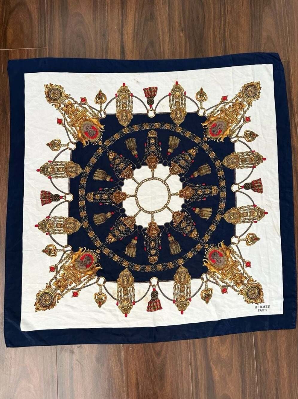Hermes Navy and White Silk Scarf with Gold Motif